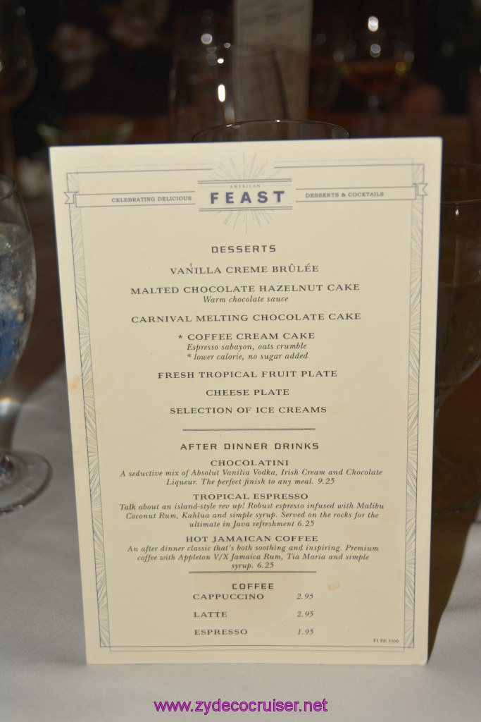 087: Carnival Triumph Journeys Cruise, Oct 25, Fun Day at Sea 1, MDR Dinner. American Feast, Elegant Night, Dessert Menu