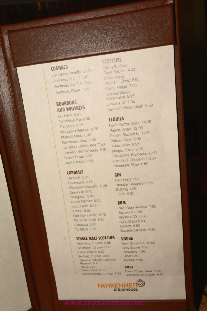 109: Carnival Vista Transatlantic Cruise, Sea Day 7, Fahrenheit 555 Steakhouse Bar Menu