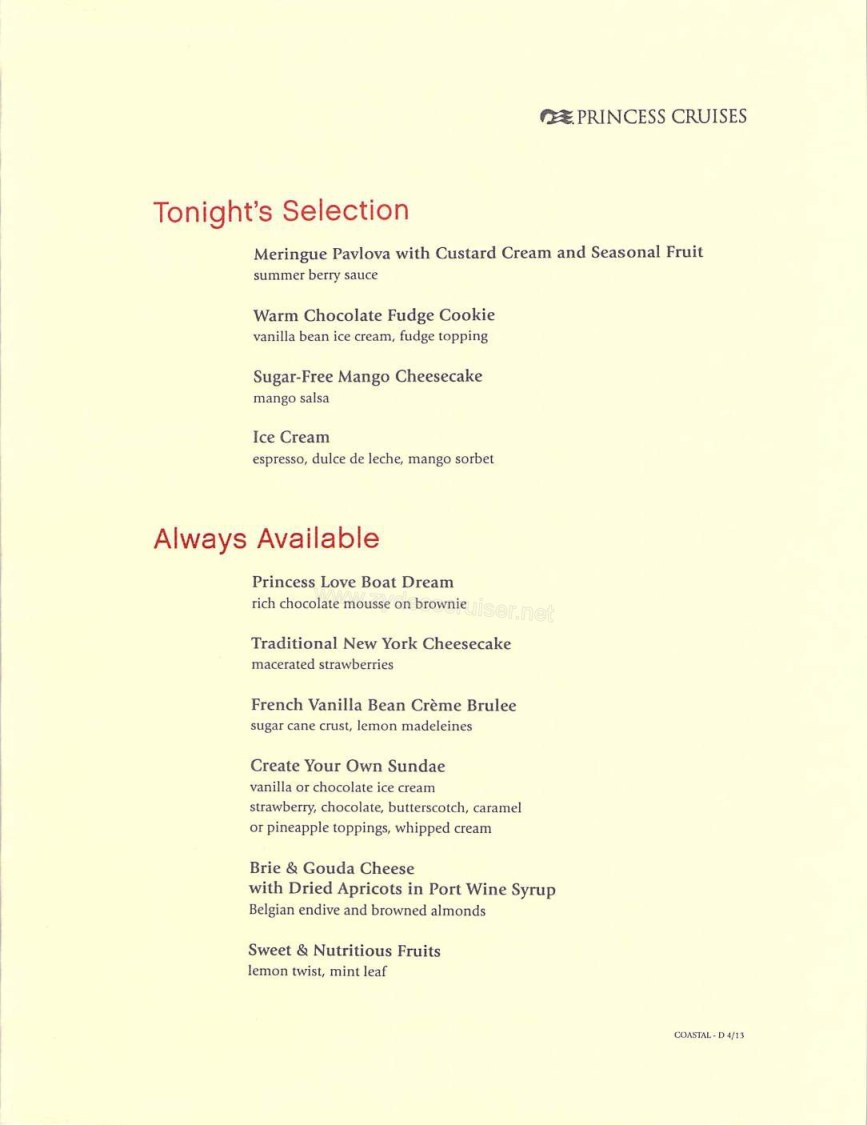 035: Golden Princess Coastal Cruise, MDR Dinner, Dinner Menu 3, Page 2