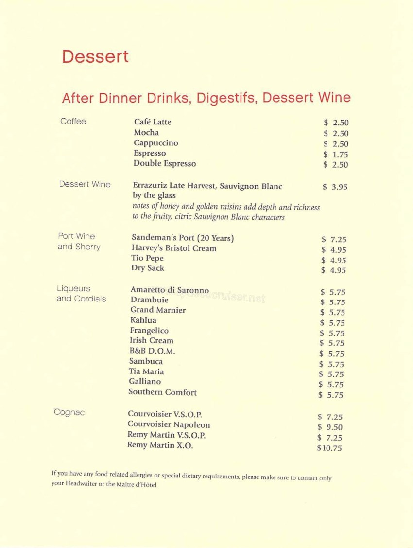 043: Golden Princess Coastal Cruise, MDR Dinner, Dessert Menu 4, Page 1