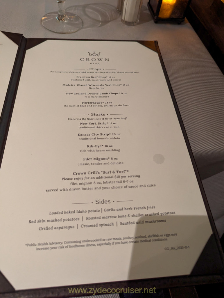 003: Regal Princess, Crown Grill, Steaks Menu