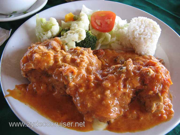 112: Carnival Fantasy, Progreso, MX, Le Saint Bonnet. I forget, but some sort of smothered stuffed shrimp dish. Tasty, but lots of food!