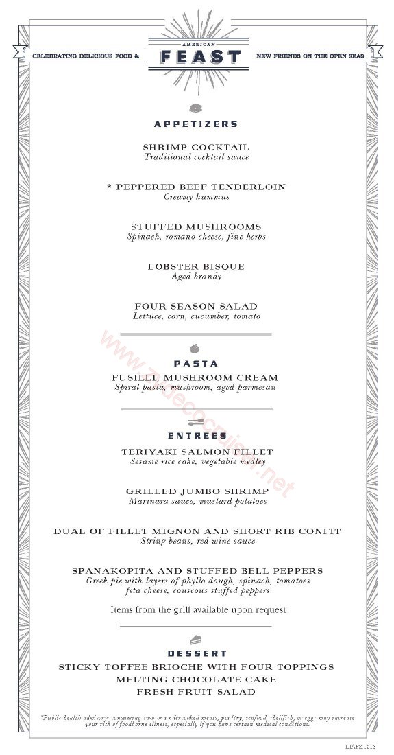 Carnival Liberty American Feast 2 Menu