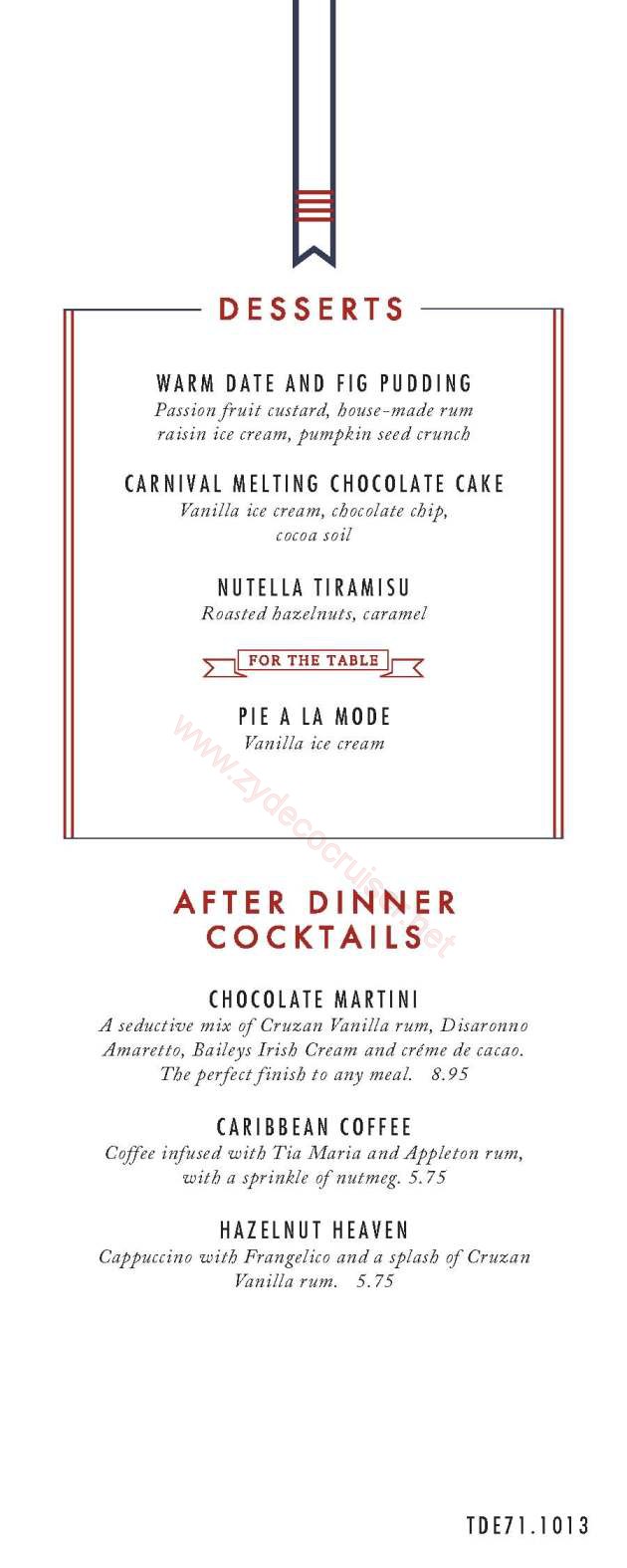 Carnival Cruise American Table Dessert Menu 1