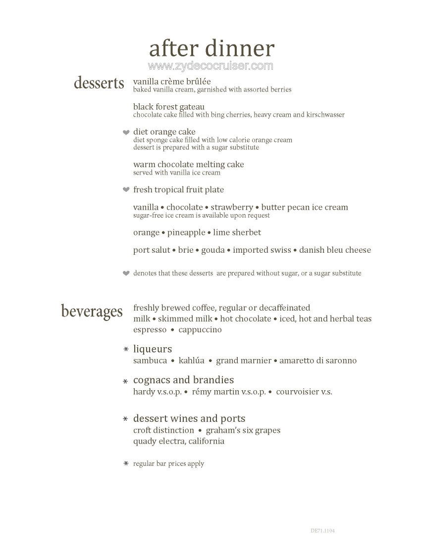 Carnival Conquest MDR Dessert Menu 1