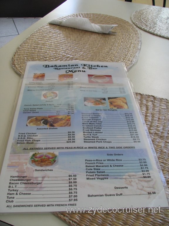 Bahamian Kitchen Restaurant Menu, Nassau, Bahamas