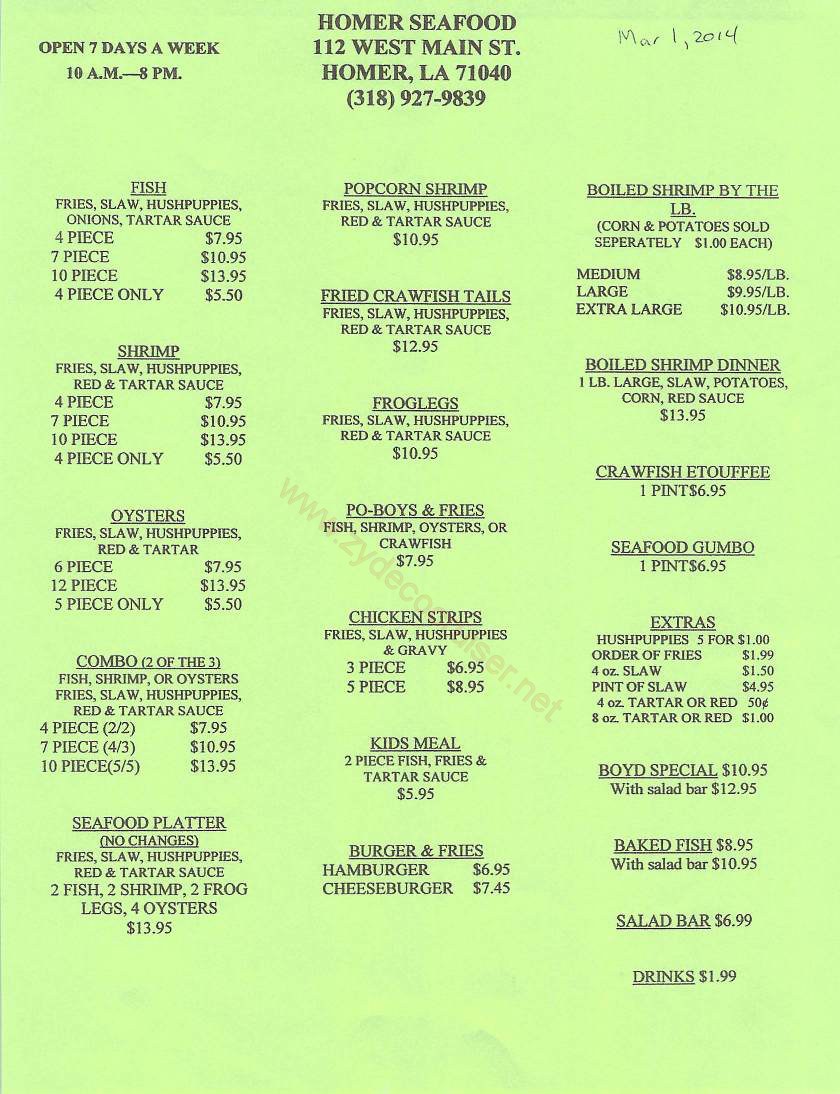 Homer Seafood, Menu