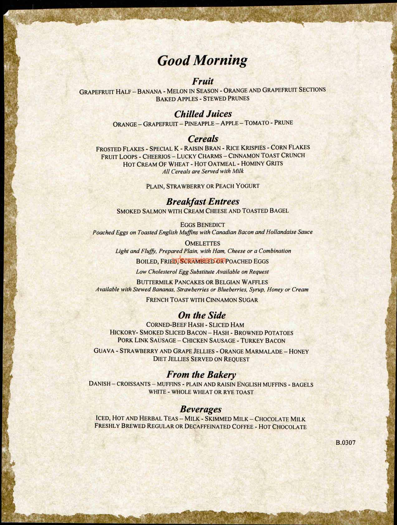 Breakfast Menu, Carnival Splendor Inaugural