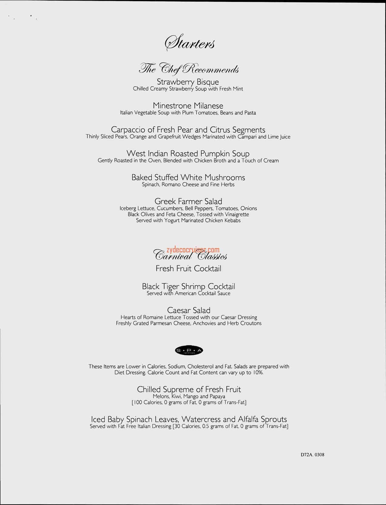 Carnival Splendor Inaugural, Dinner Menu, Day 2, Page 1