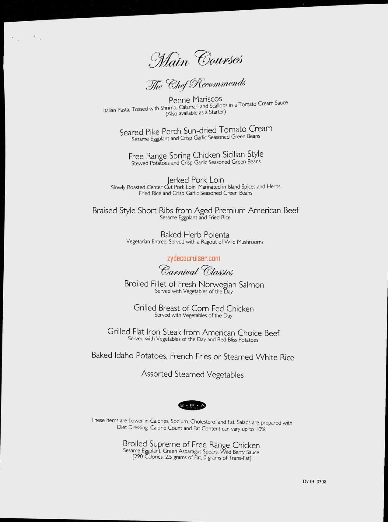 Carnival Splendor Inaugural, Dinner Menu, Day 3, Page 2