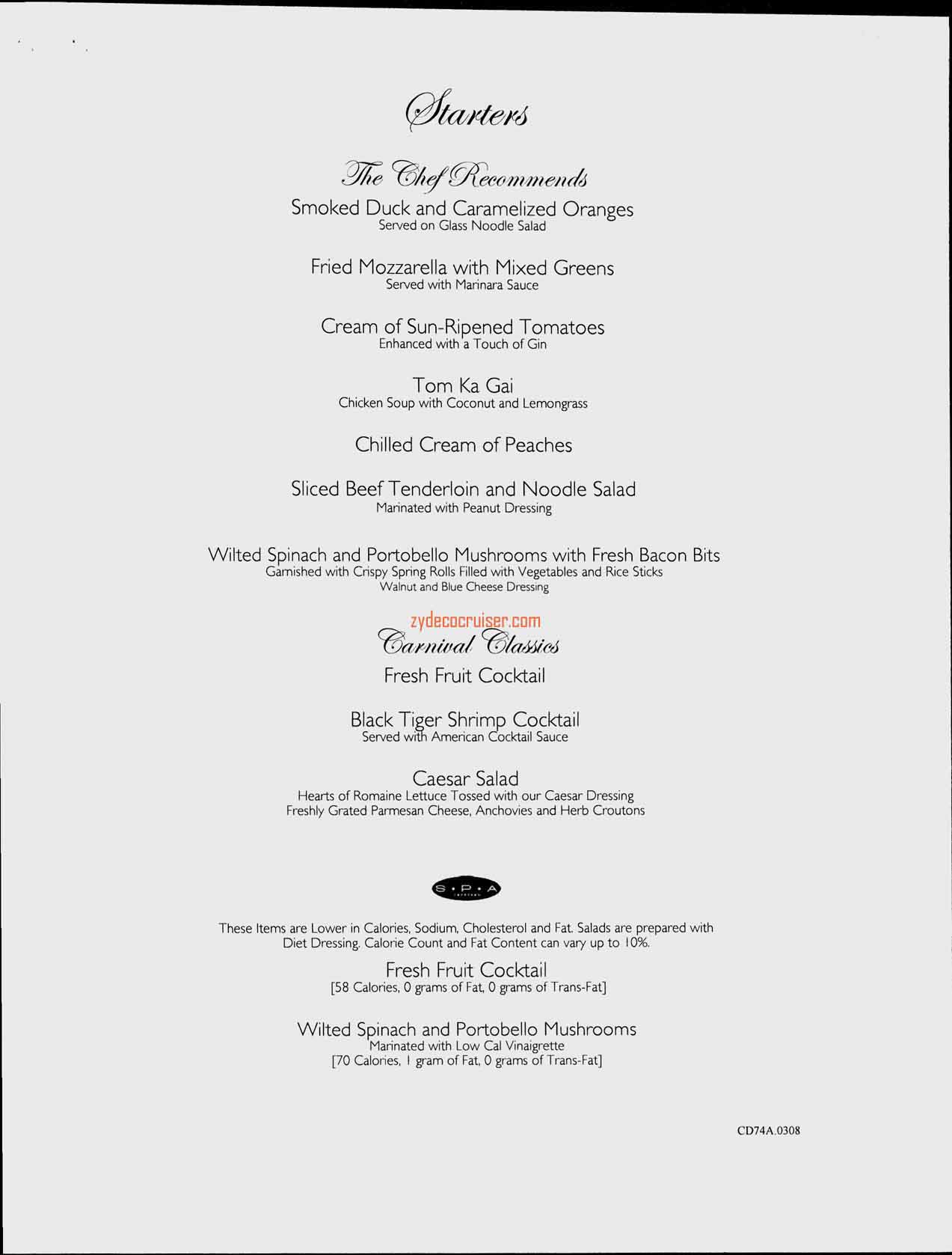 Carnival Splendor Inaugural, Dinner Menu, Day 4, Page 1