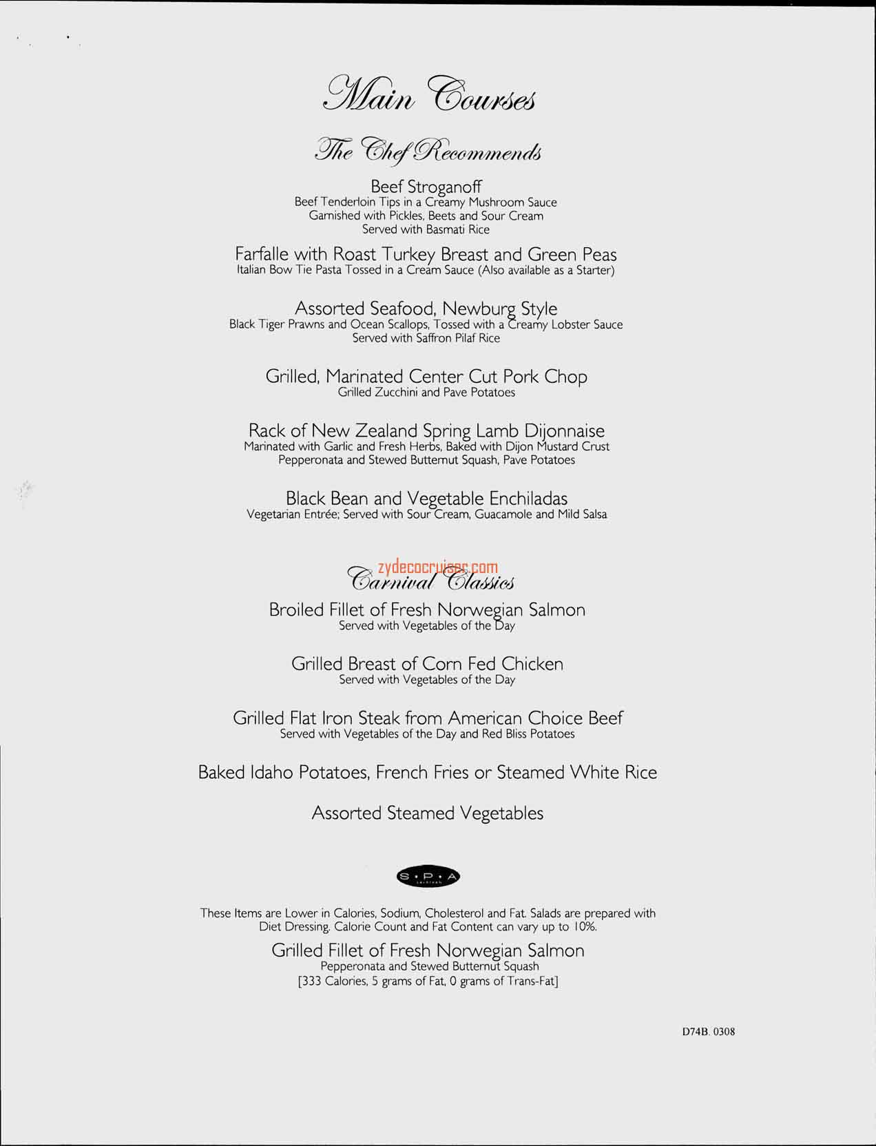 Carnival Splendor Inaugural, Dinner Menu, Day 4, Page 2