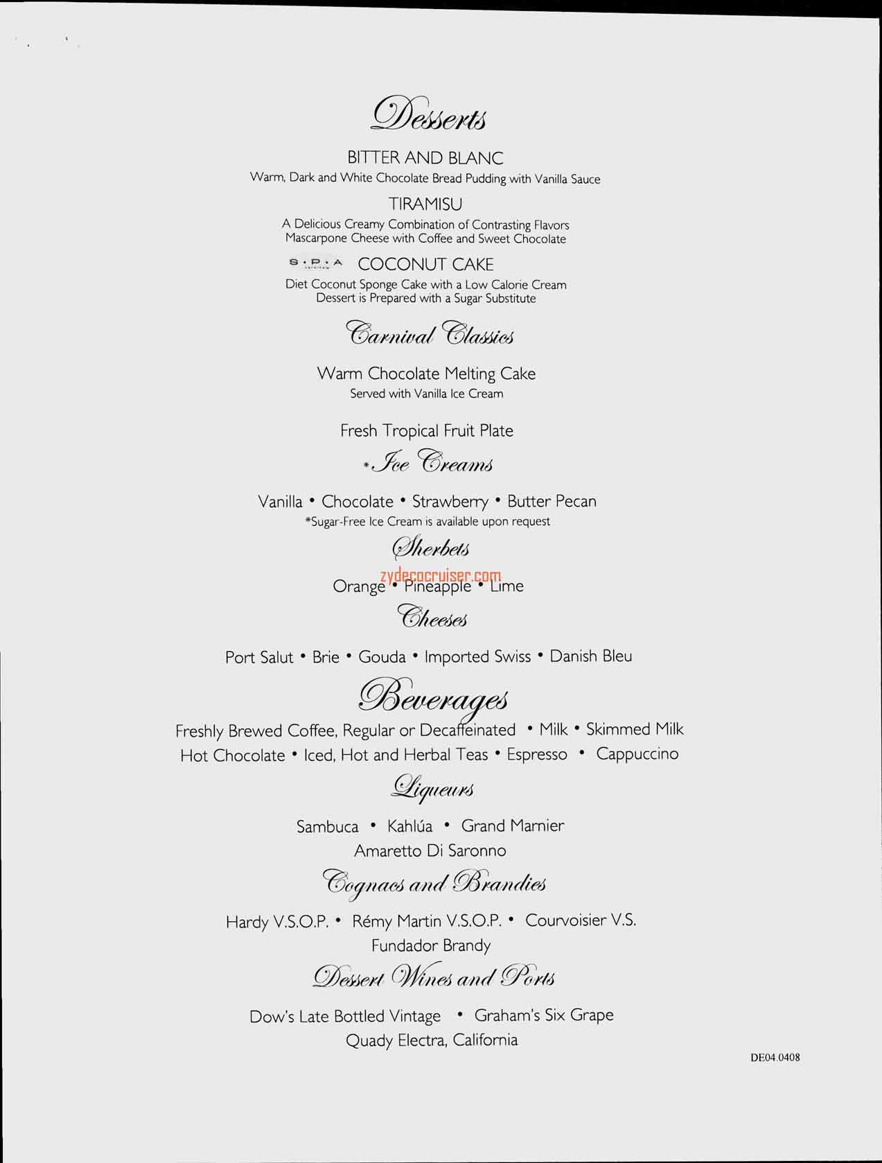 Dinner Menu, Day 4, Dessert, Carnival Splendor Inaugural