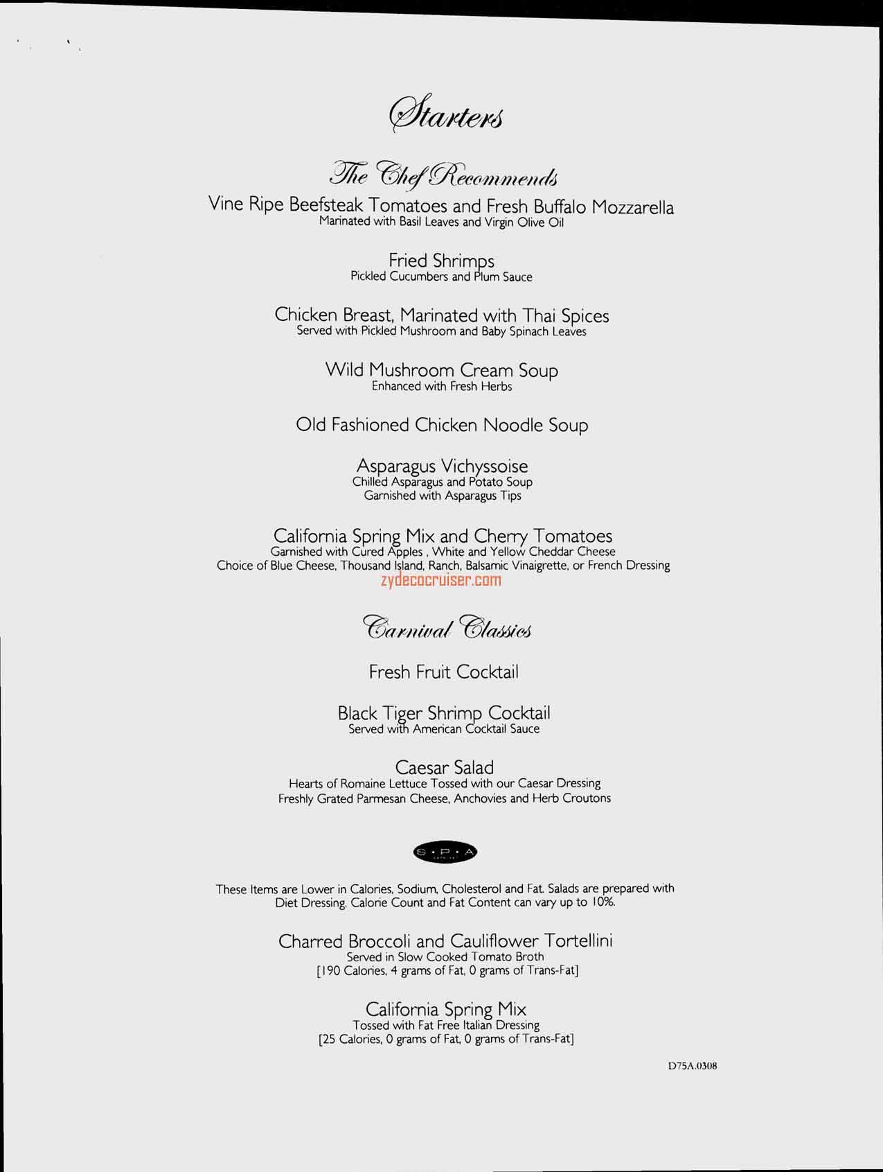 Carnival Splendor Inaugural, Dinner Menu, Day 5, Page 1