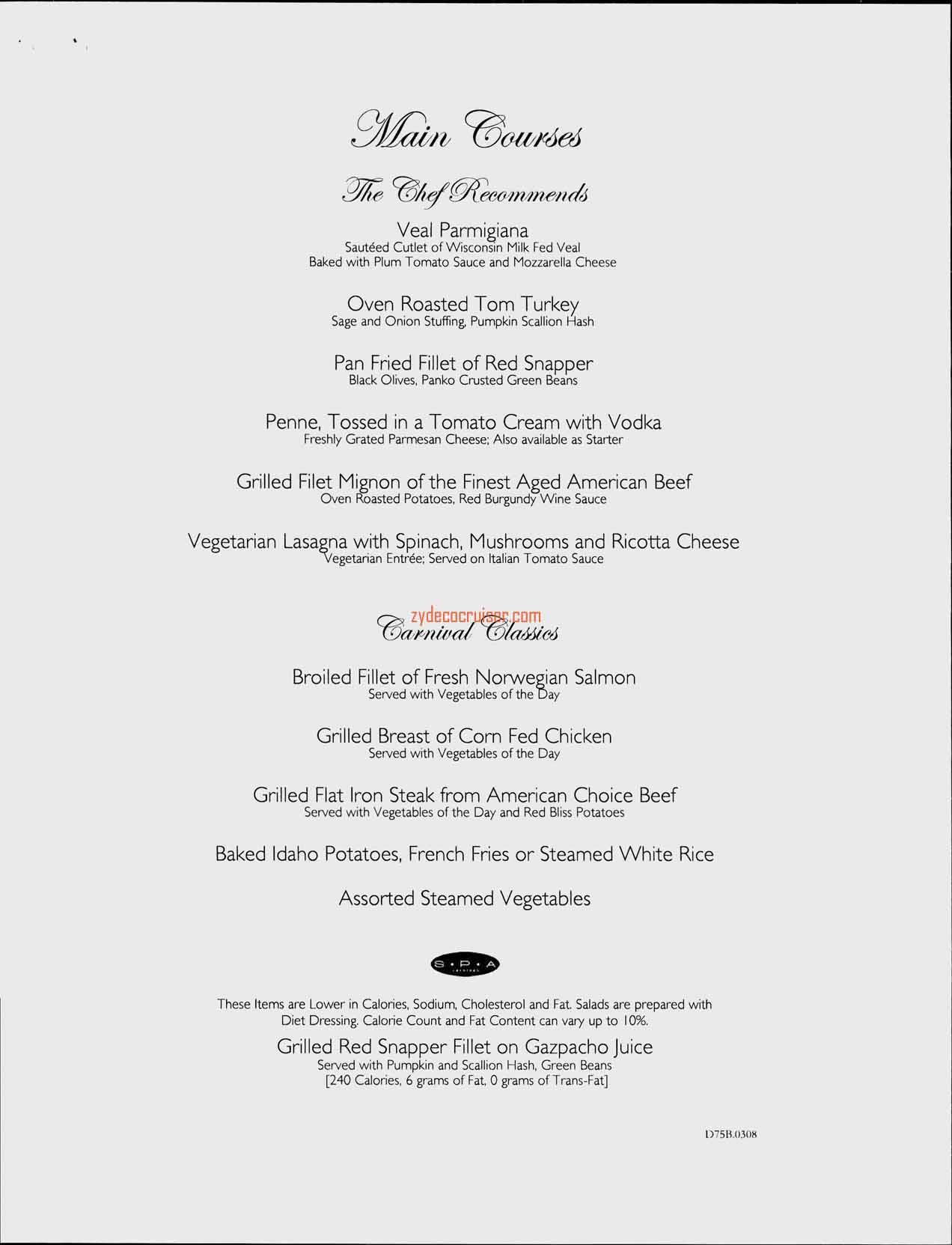 Carnival Splendor Inaugural, Dinner Menu, Day 5, Page 2