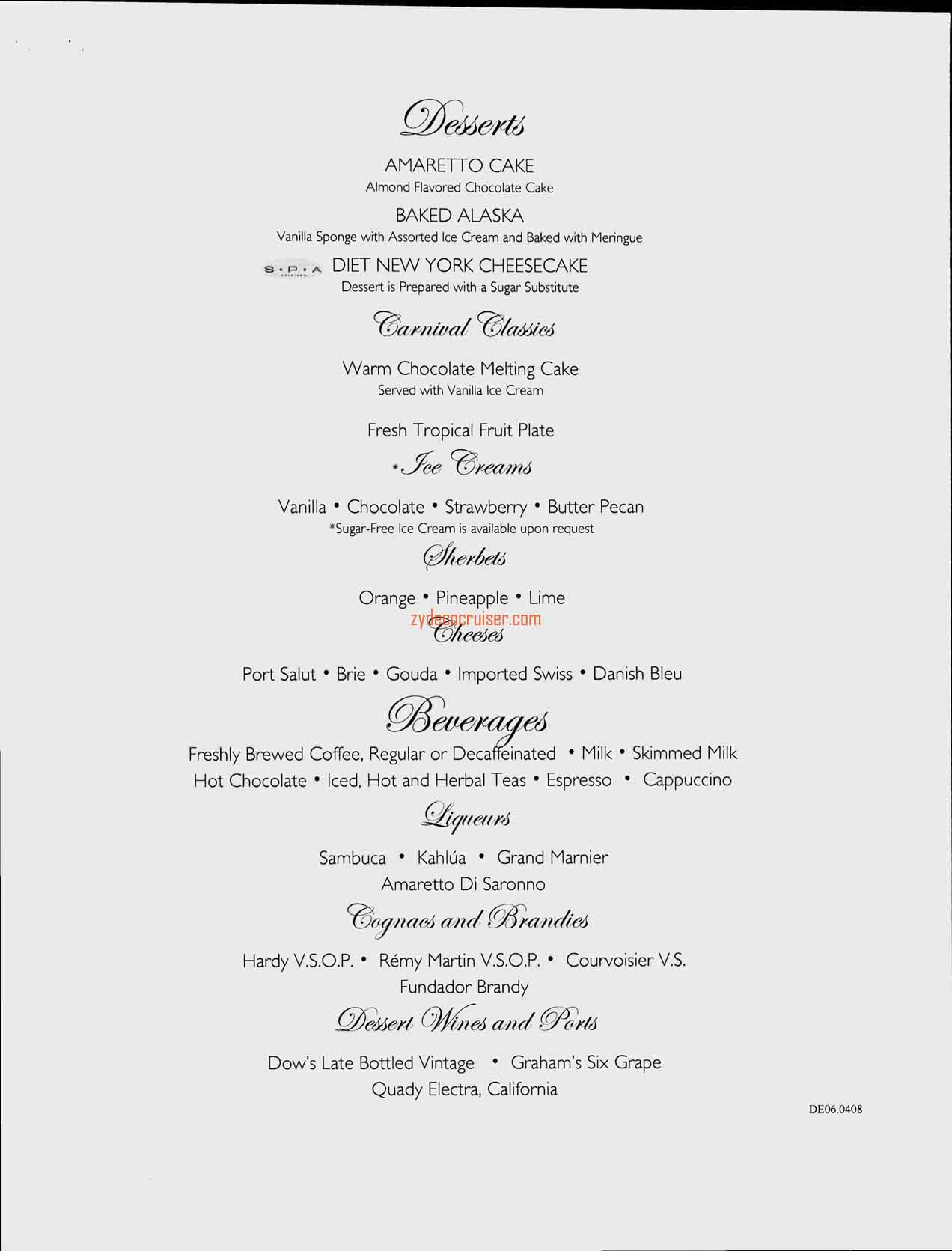 Dinner Menu, Day 6, Dessert, Carnival Splendor Inaugural