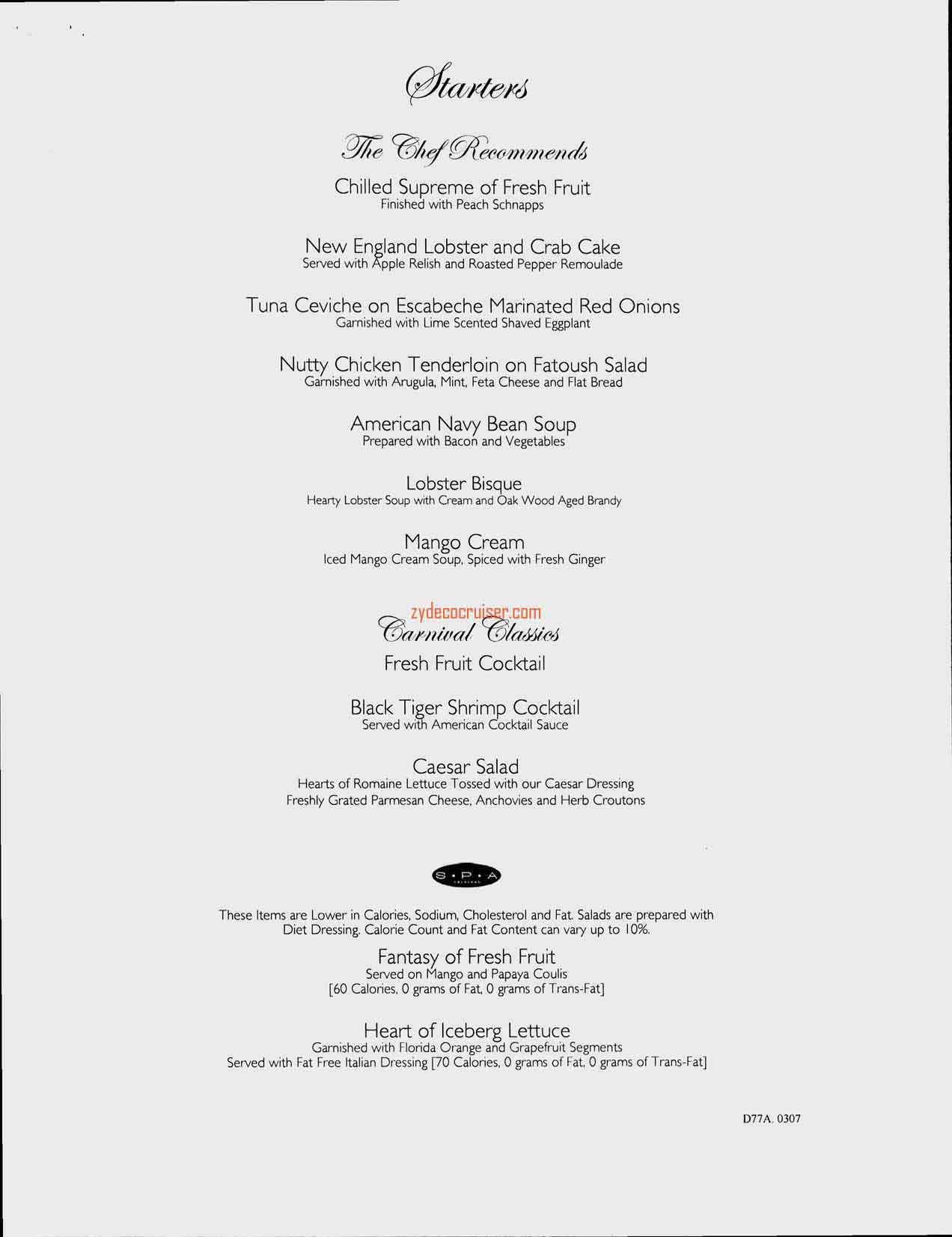 Carnival Splendor Inaugural, Dinner Menu, Day 7, Page 1