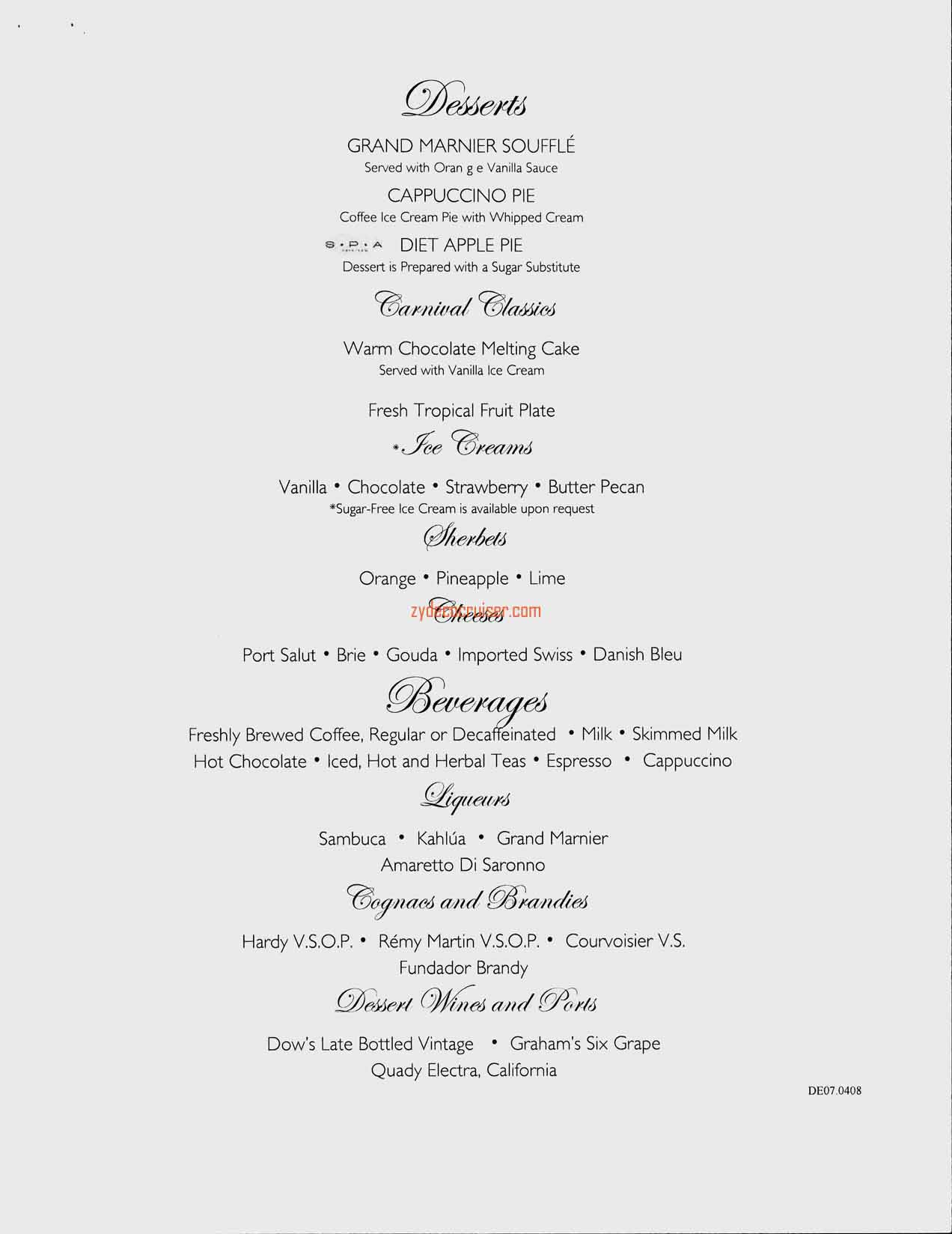 Dinner Menu, Day 7, Dessert, Carnival Splendor Inaugural