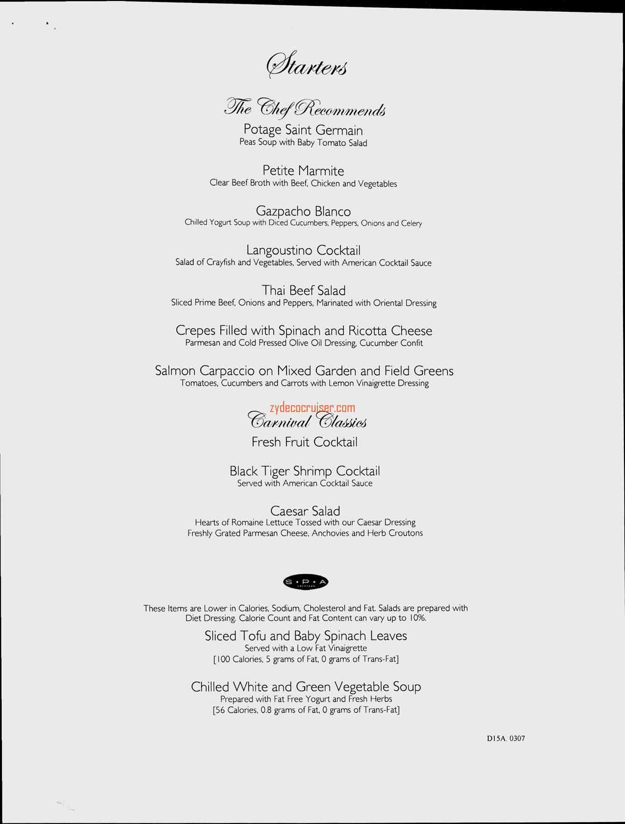 Carnival Splendor Inaugural, Dinner Menu, Day 8, Page 1