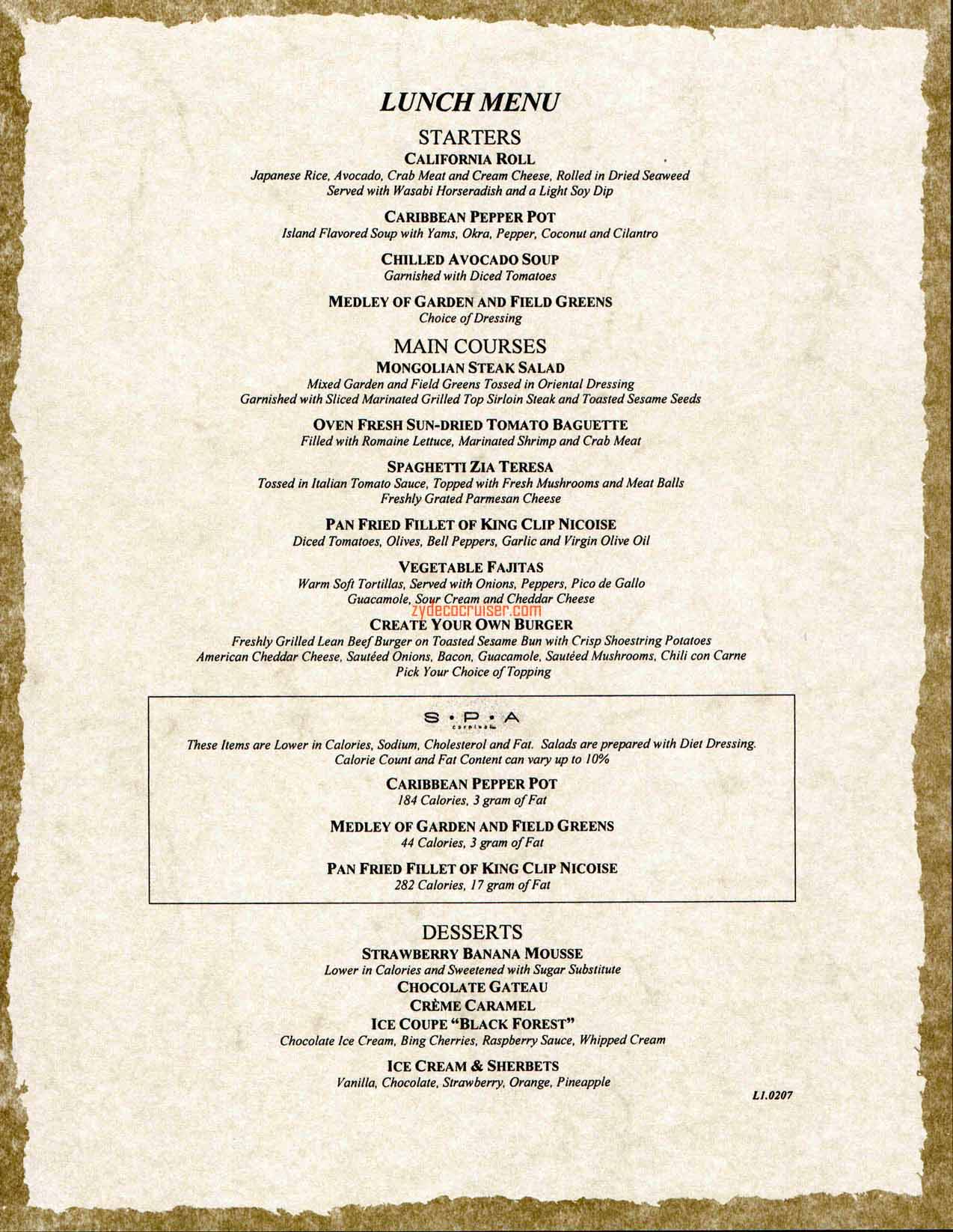 Lunch Menu 1, Carnival Splendor Inaugural