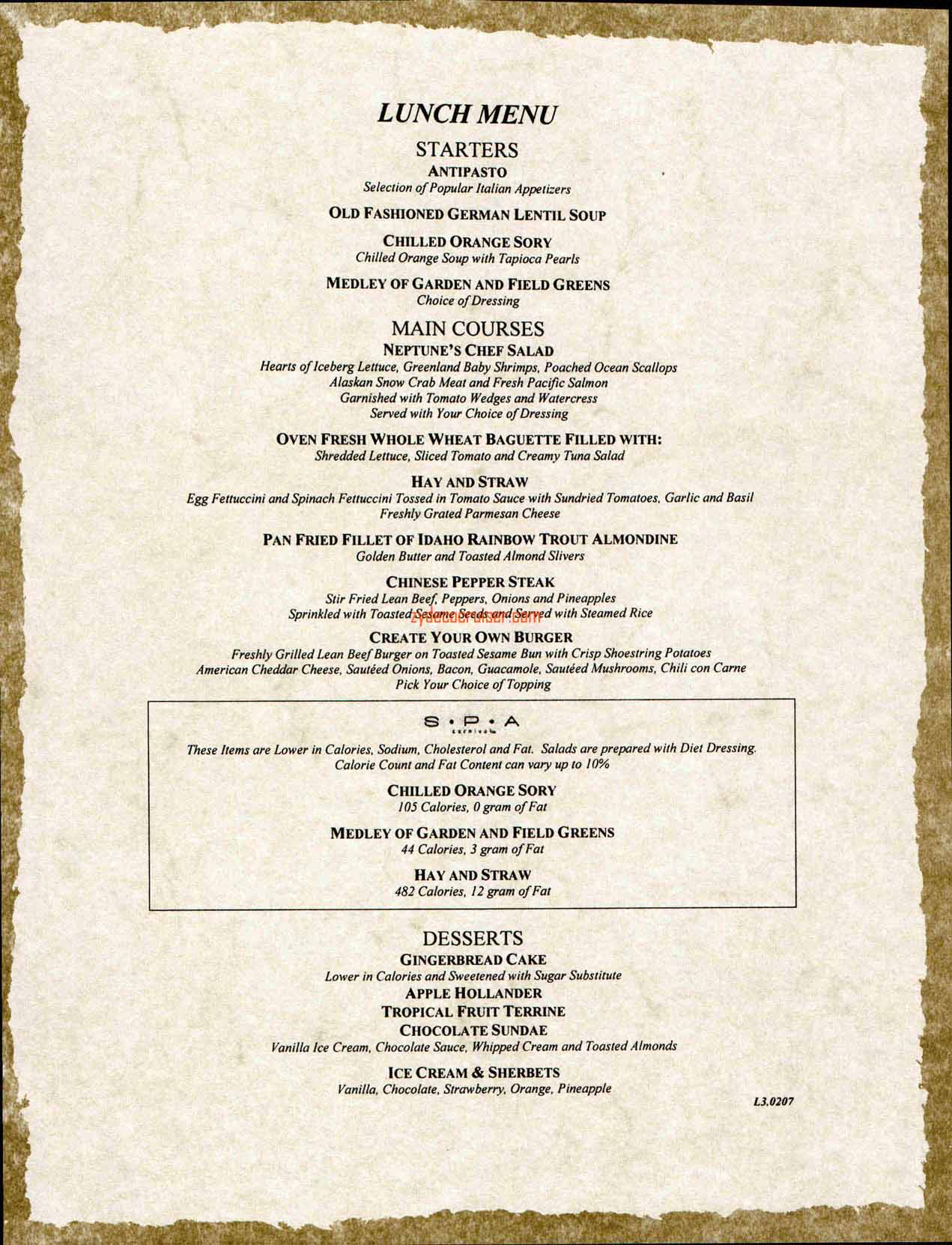 Lunch Menu 3, Carnival Splendor Inaugural