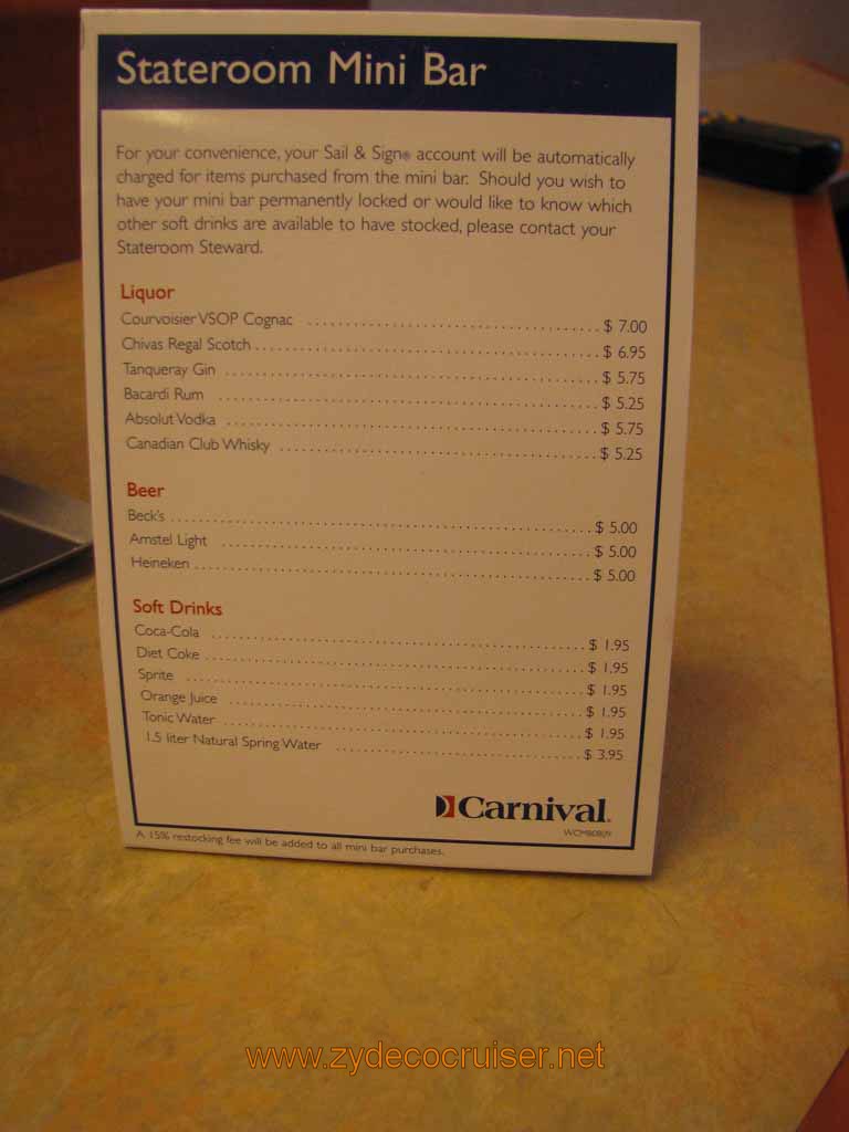 224: Carnival Splendor, South America Cruise, Buenos Aires, Stateroom Mini Bar menu, 