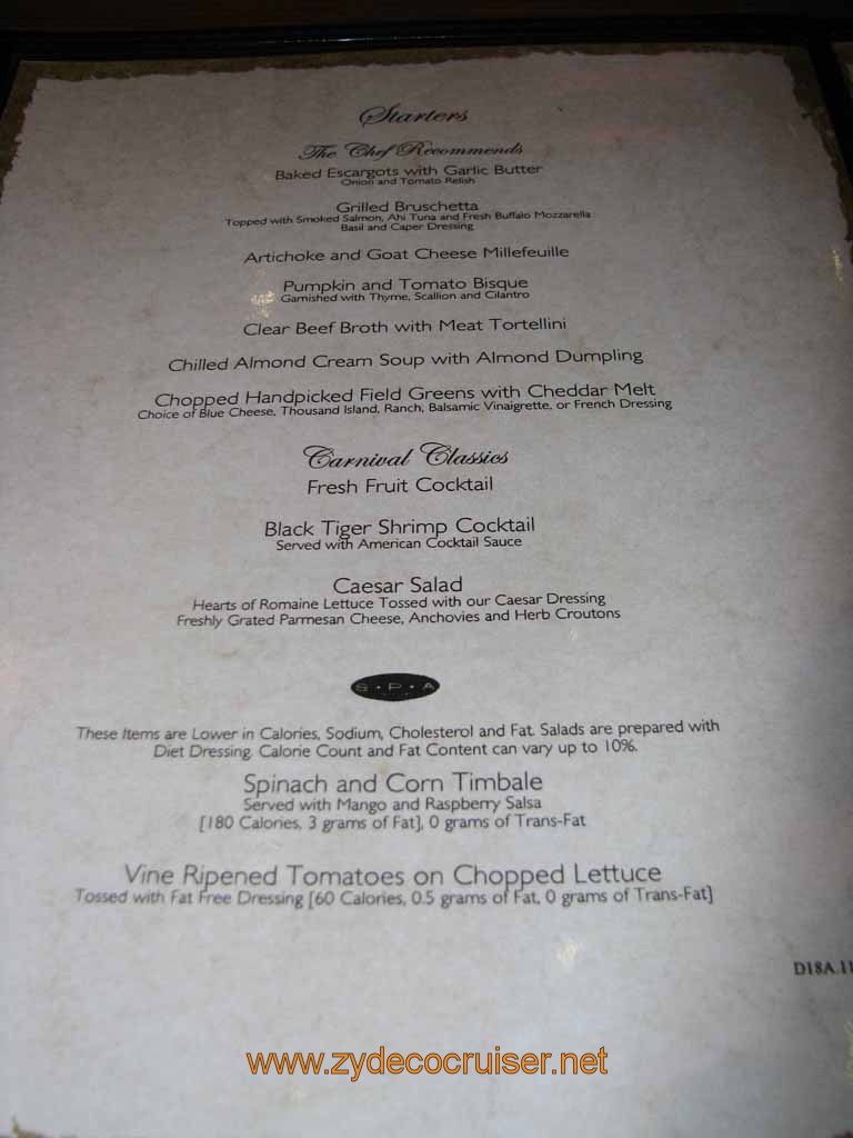 297: Carnival Splendor, South America Cruise, Buenos Aires, MDR Dinner, Menu, 