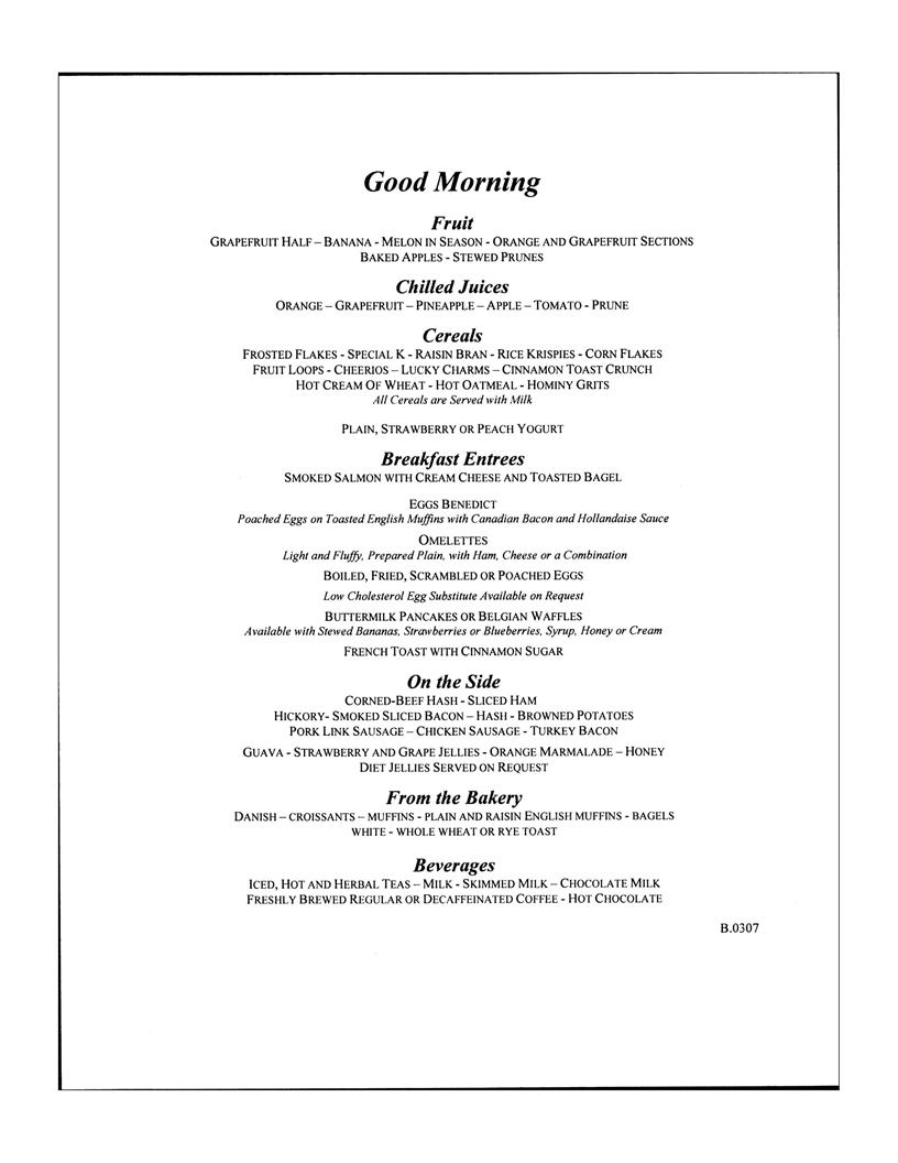 Carnival Breakfast Menu