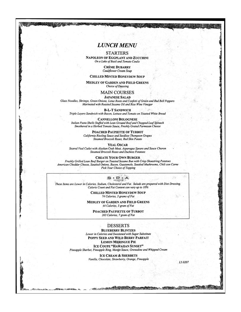 Carnival Lunch Menu Day 5