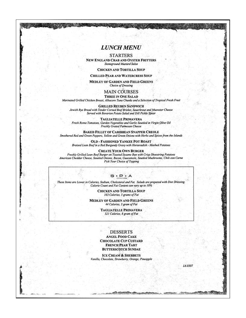 Carnival Lunch Menu Day 6