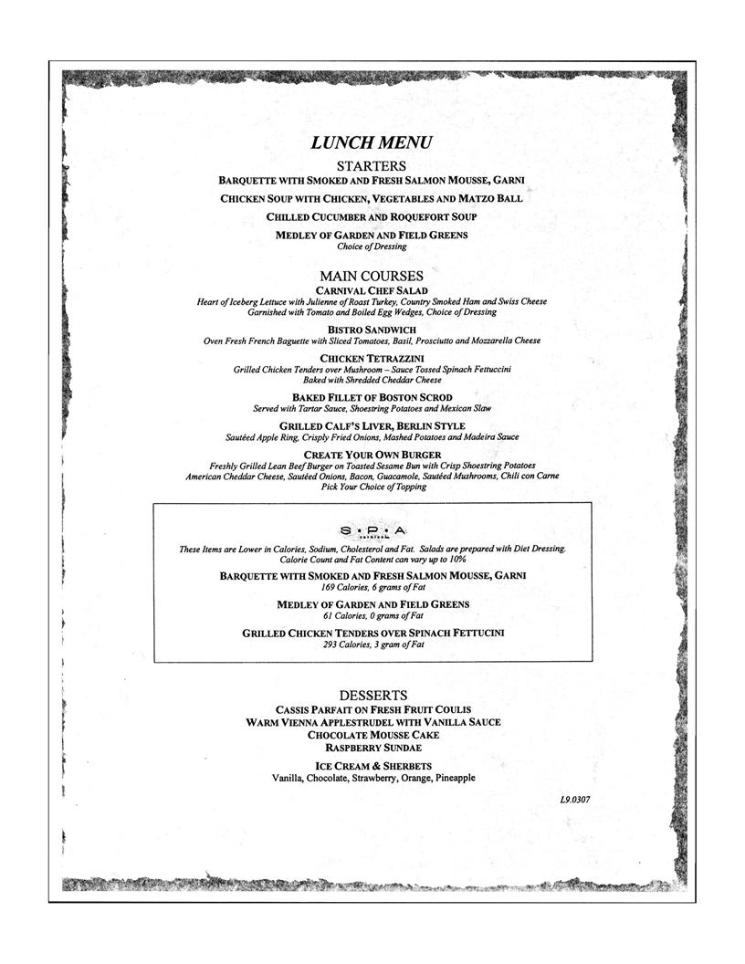 Carnival Lunch Menu Day 9