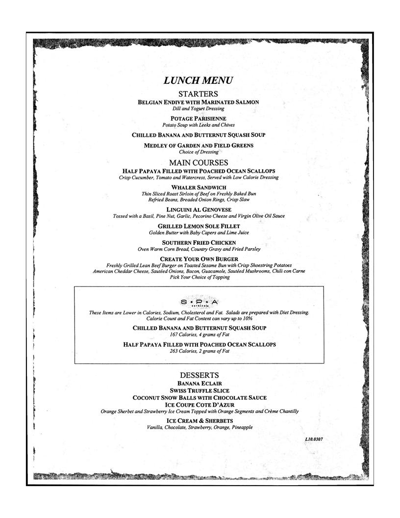 Carnival Lunch Menu Day 10