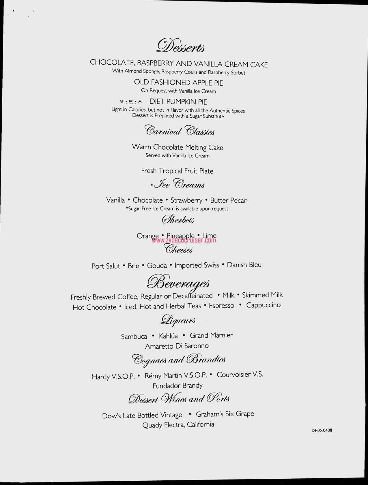 Dinner, Day 4, Dessert Menu, Carnival Freedom